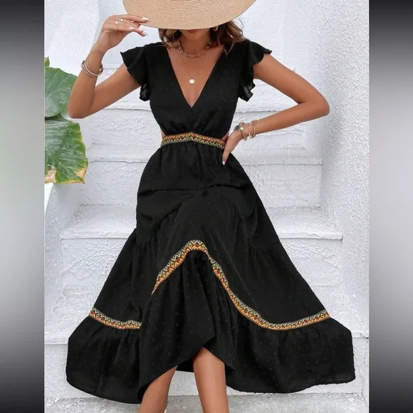 Boho Black Swiss Dot Plunge Neck Open Back Tie Backless Maxi Dress - Picture 2 of 7